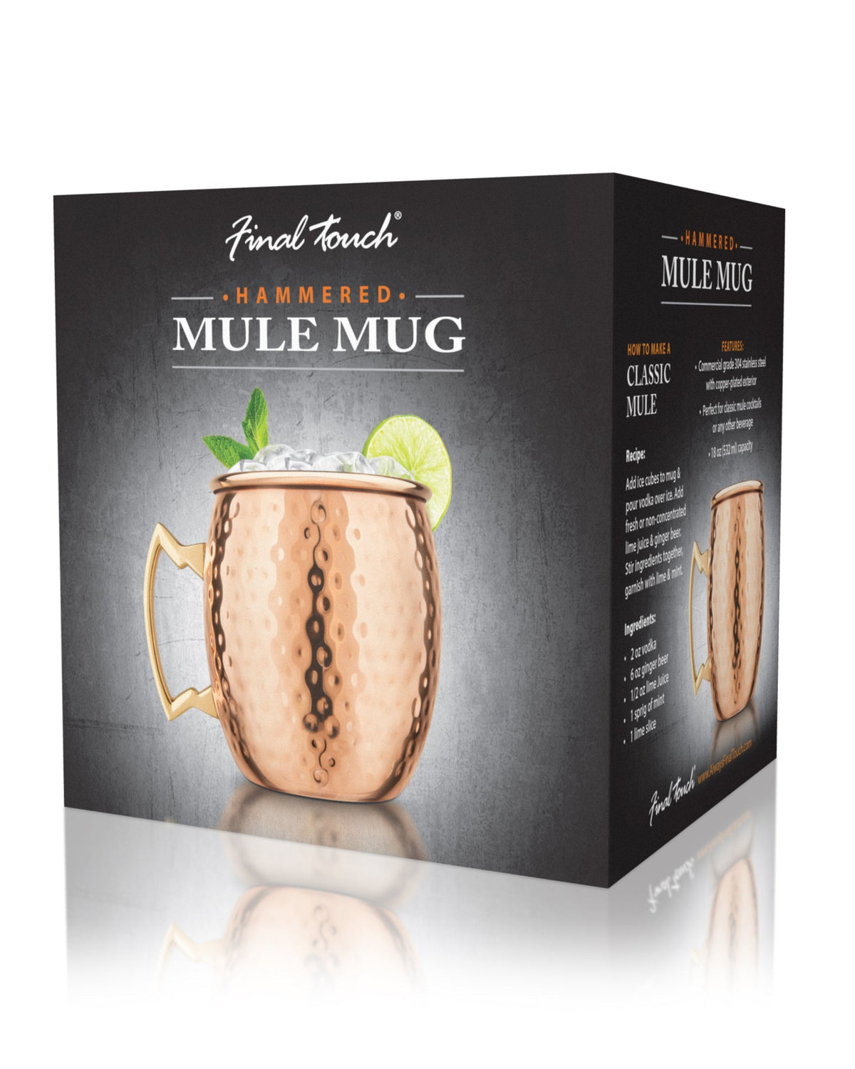 Hammered Copper Mule Mug - copper plated 304 grade stainless steel, casted handle with brass plating / giftbox